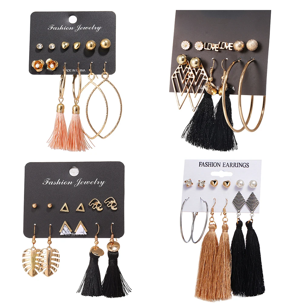 Богемный Комплект сережек для женщин и девушек с кисточками, дизайн, длинные серьги с золотыми цветами, женские модные свадебные ювелирные изделия