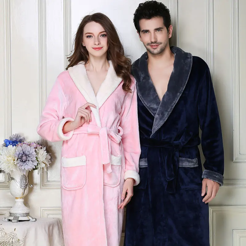 QWEEK Autumn Winter Male Sleepwear Robe Lovers Flannel