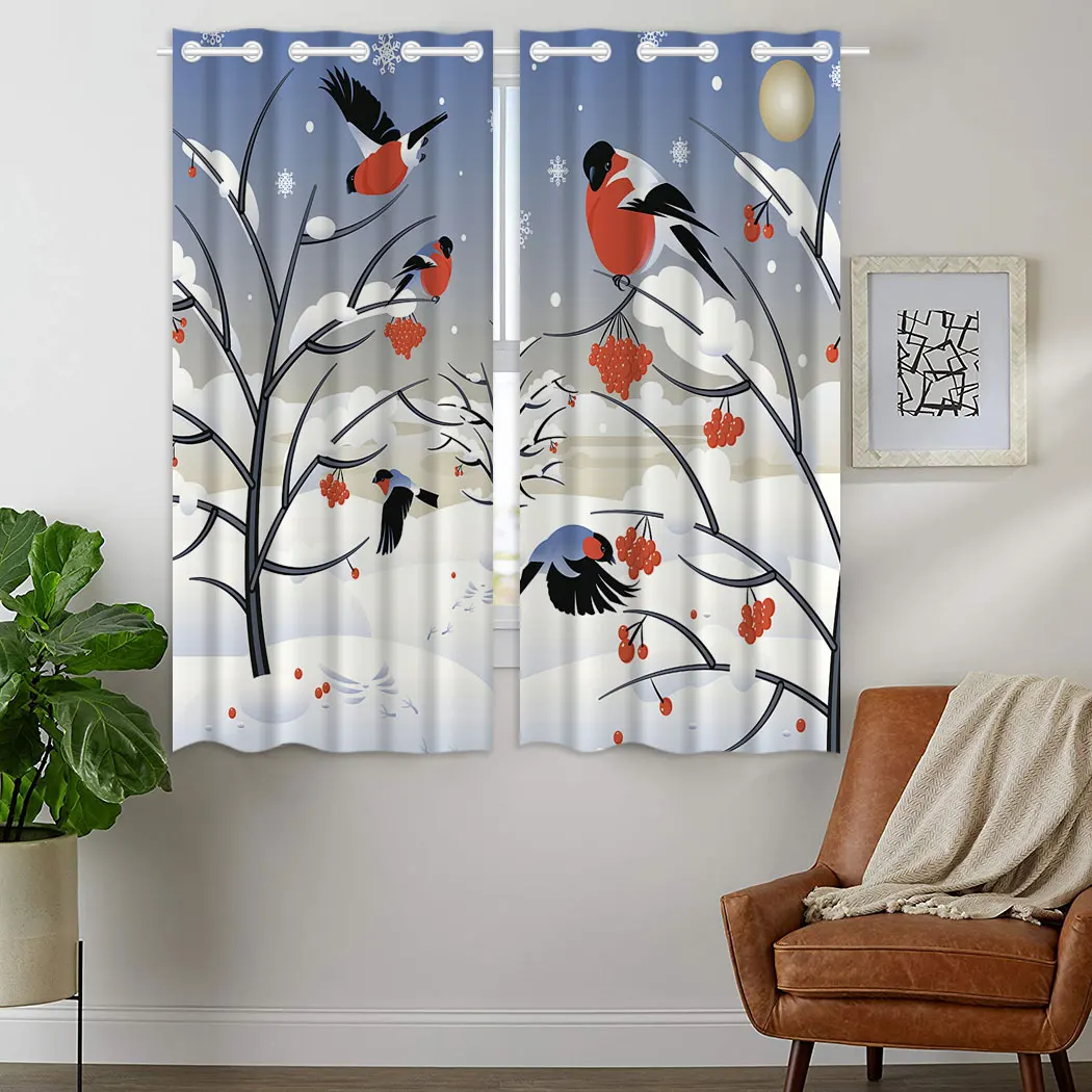 

Blackout Curtains Darkening 2 Panels Grommet Window Curtain for Bedroom Red Bird Pattern Snow Wild Fruit Nuts
