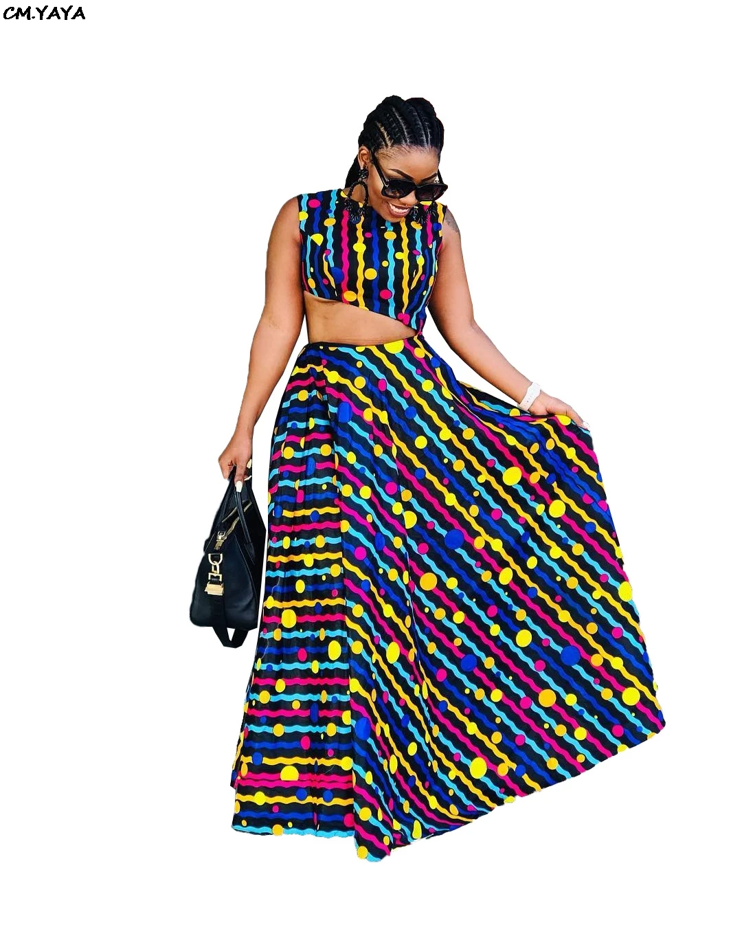 

2019 new women dot stripes print sexy cut out waist o-neck sleeveless big swing maxi dress beach sexy party club dresses L8040