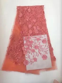 

3D Flower African Beads Lace Fabrics 5 Yards Peach Nigerian French Lace Fabric, 2017 High Quality Beaded Tulle Fabric