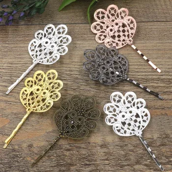 

36*41mm Vintage Filigree Flower Hairpins Blanks Cabochon Bases Findings DIY Women's Bride Bobby Hair Clips Making Multi-color