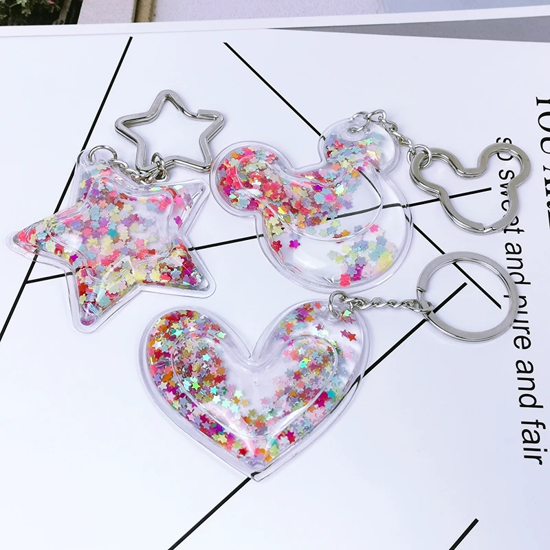 

Personality Pentagram Love Plastic Quicksand Sequin Liquid Keychain Women Keyring Girl Backpack Pendant Girlfriend Couple Gift