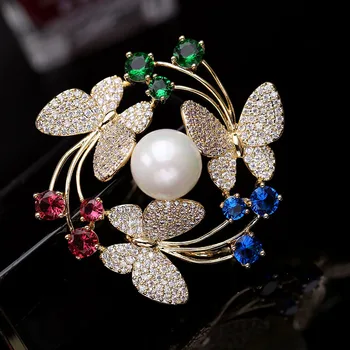 

Hot High Grade Round Shape multicolor Cubic Zirconia Crystal Three Butterfly Brooch Women Jewelry Accessories Fashion Pearl Pins
