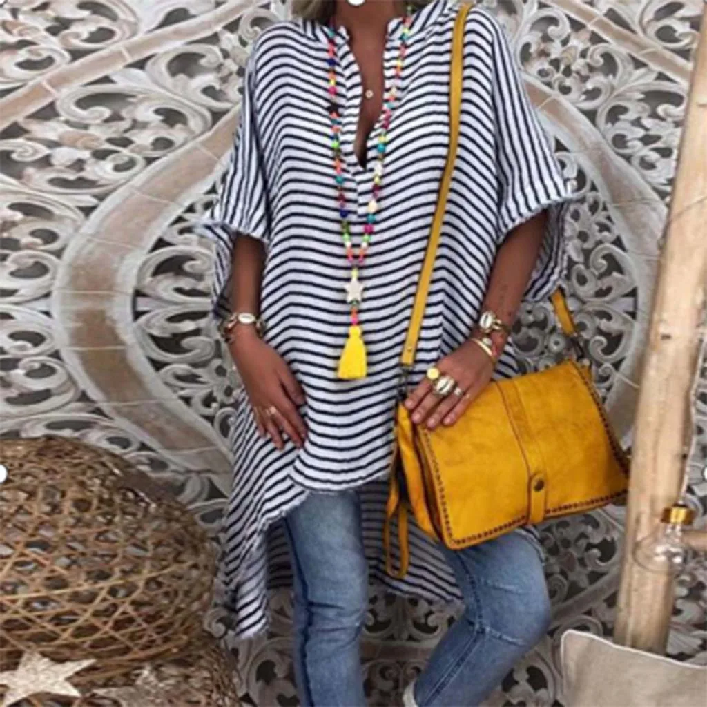 

Womenrobe femme Loose V-Neck Stripe Short Sleeve Blouse Pullover Tops Shirt striped shirt women