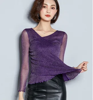 

2019 Long Sleeve V Neck Shiny Mesh T-shirts Women Slim Body Shiny Mesh Pullovers Lady Strechy Shiny Mesh T-shirts Tops