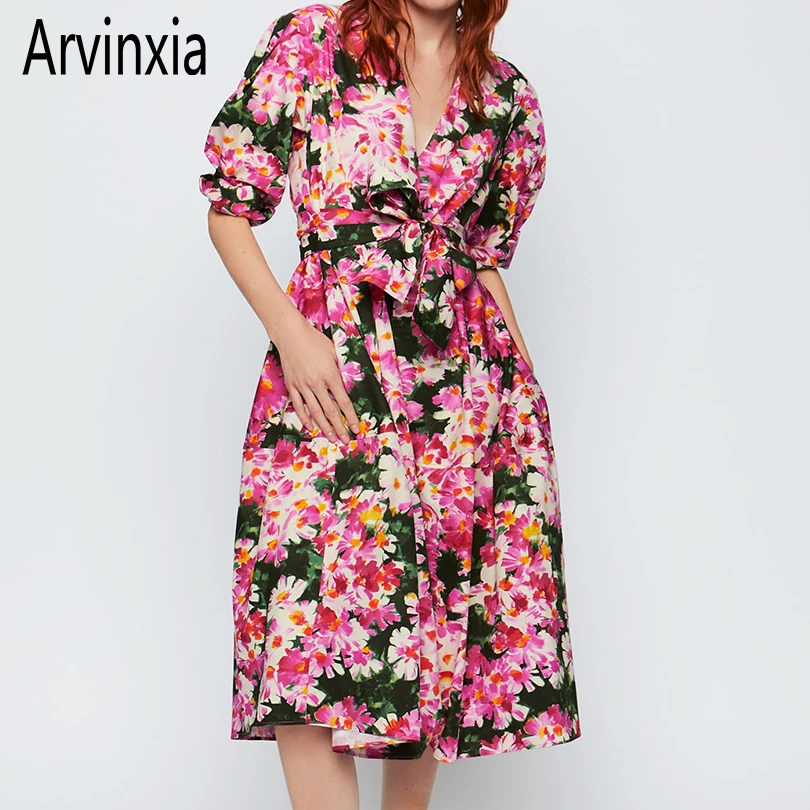 Arvinxia ZA Сексуальное Женское платье с цветочным принтом и v образным вырезом