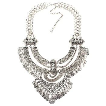 

Ztech fashion Boho necklace Crystal Inlaid Carving Jewelry Vintage Necklaces metal chain choker coin pendant statement Necklaces