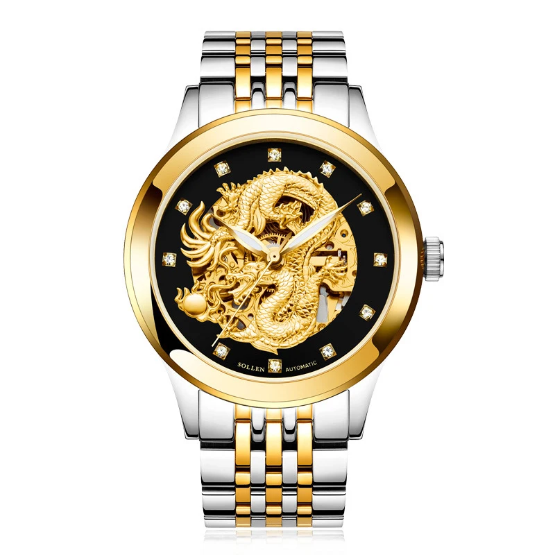 

SOLLEN SL602 watches men luxury brand skeleton automatic mechanical chinese dragon emperor king Suborder stegosauria Marsh