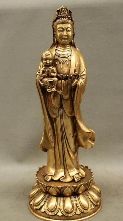 

652++17" Chinese Brass Buddhism Children-Sending GuanYin Kwan-Yin Lotus Seat Statue