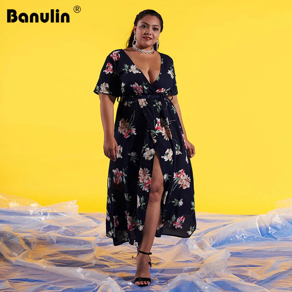 

Banulin Elegant Women Summer Dress Chiffon Short Sleeve Floral Print Dress Ladies Long Maxi Dress Plus Size Dress for Women 3XL