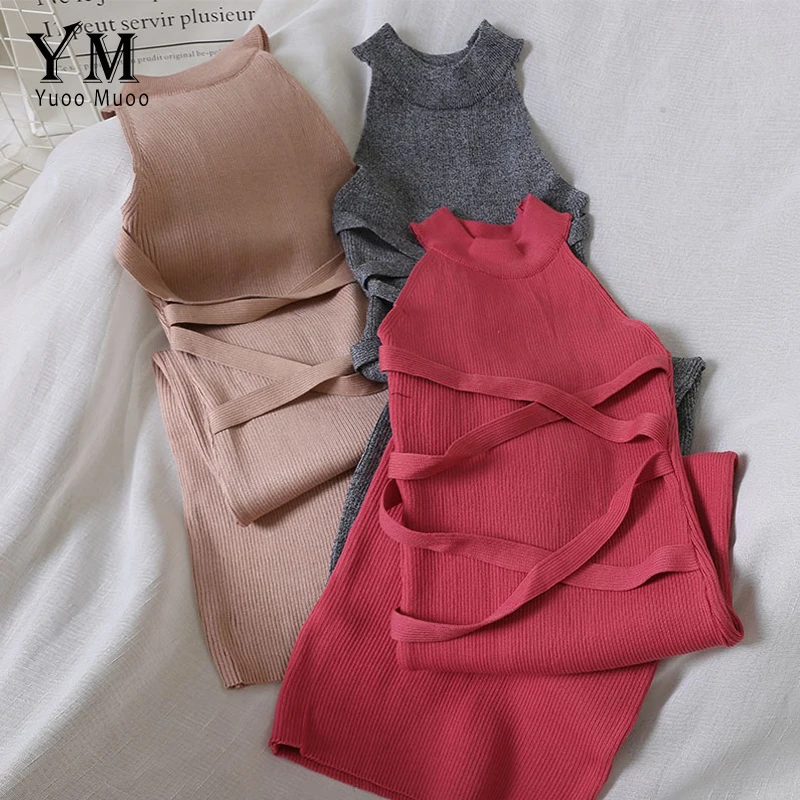

YuooMuoo Design Split Bandage Bodycon Dress 2019 Summer Women Sexy Halter Tank Dress Tunic Knitted Ladies Party Dresses Vestidos