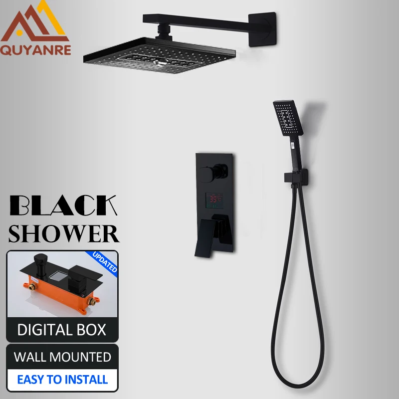 

Quyanre Black LED Digital Shower Faucets Set 3-way Rainfal Shower 2-Function LED Digital Display Mixer Tap Concealed Bath Shower