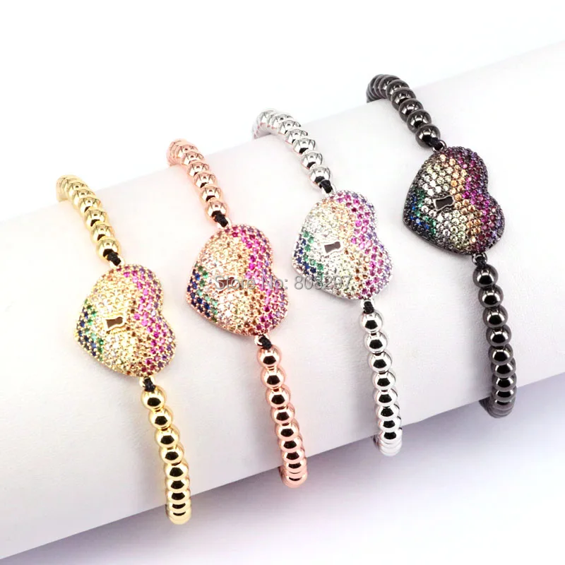 

10Pcs Fashion Charm Bracelet For Women Pave CZ Heart Shape Lock Key Braided Macrame Bracelet Jewelry Gift
