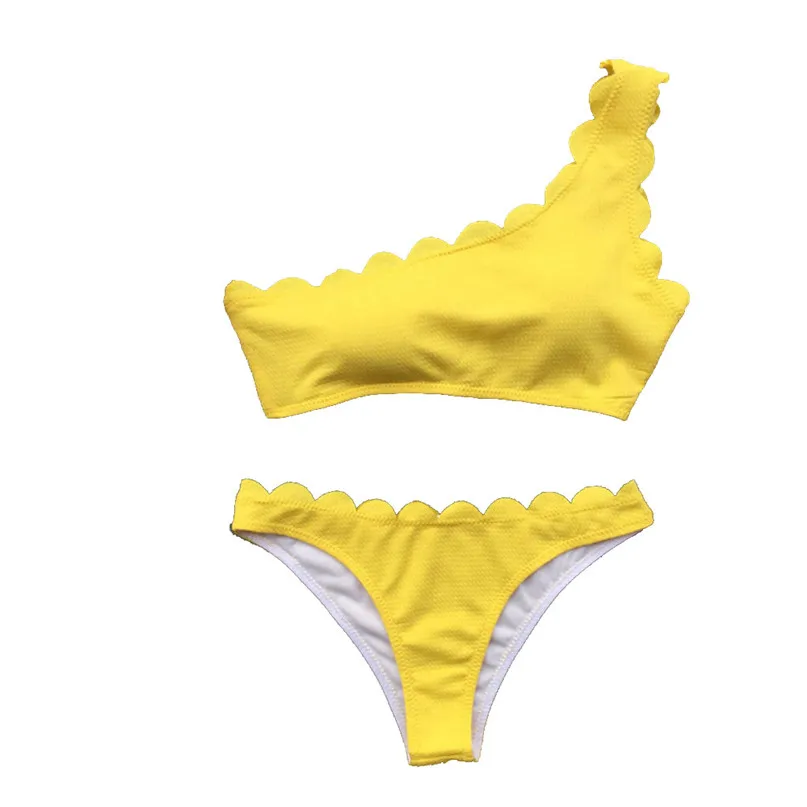 Sexy Bikinis Set Women Solid Color One Shoulder Wavy Bikini Set Swimwear Beach Swimsuit for Vacation #2d06 (2)