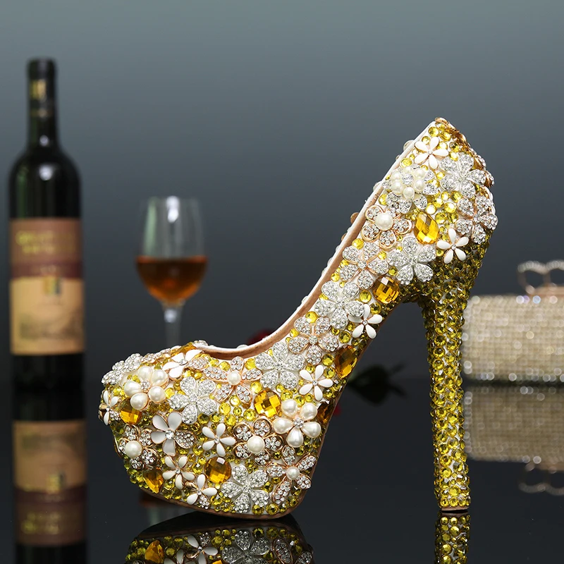 2016 New arrival gold pearl night party shoes bridal wedding shoes high heeled real leather shoes