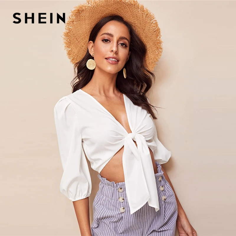 SHEIN Boho Сексуальная белая Узловая Передняя однотонная укороченная простая блузка для женщин лето три четверти Длина рукава Глубокий v-образный Вырез Топ Блузки