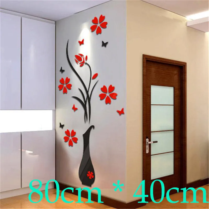 

80CM*40CM DIY Home Decor Vase Simle Flower Tree Posters Decoration Crystal Arcylic 3D Wall Stickers Decal Home Decor For Home