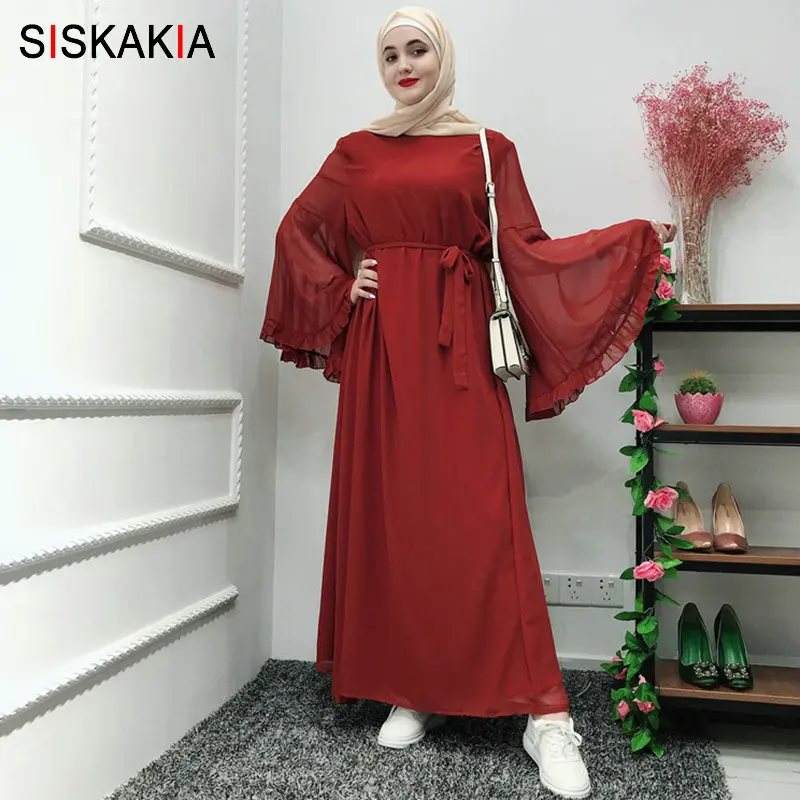 Женское платье кушак Siskakia длинное однотонное с широким рукавом шифоновое поясом