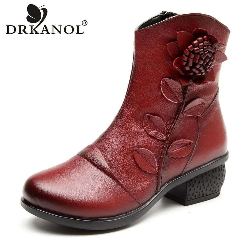 

DRKANOL New Cowhide Genuine Leather Women Ankle Boots Retro Thick Heel Plush Warm Snow Boots Winter Women Snow Boots Big Size 41