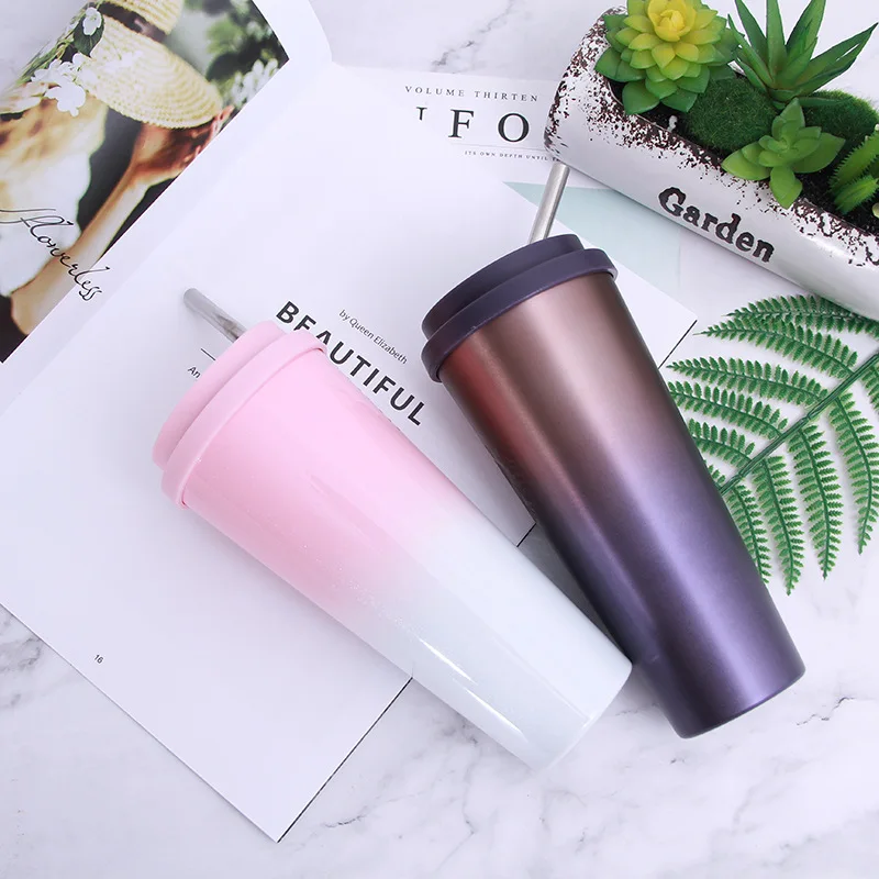 

thermo mug Stainless Steel Tumbler with Straw - Hot and Cold Double Wall Drinking Cups Coffee Mugs 500ML Gradient drinking cup