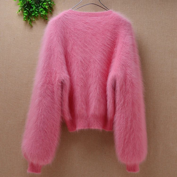 Женский милый розовый толстый теплый короткий свитер из меха кролика ангоры ручной вязки с круглым вырезом, тонкий пуловер, свитер из меха норки, бархатное пальто