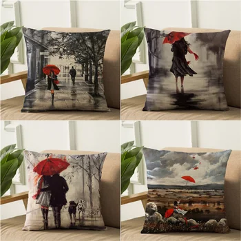 

2019 European Red Umbrella Series Cushion Cover Linen Cotton Beautiful Girl Home Decorative Pillow Cover for Sofa Car Cojines