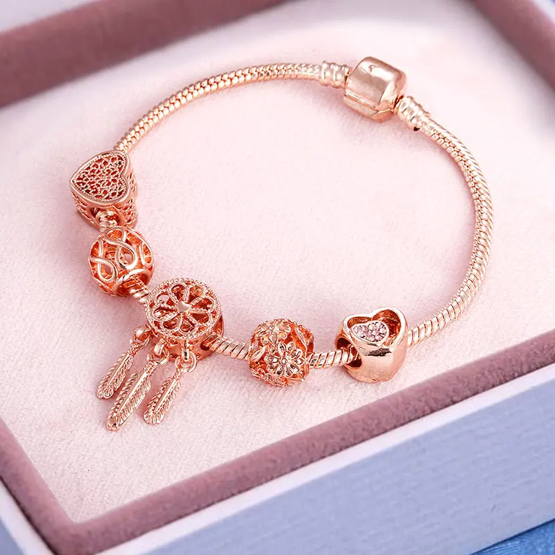 

Charms Rose Gold Snake Chain Bracelet Women Crystal Rhinestone Jewelry Bracelets DIY Pink Beads Fashion Girl's Accessories Gifts