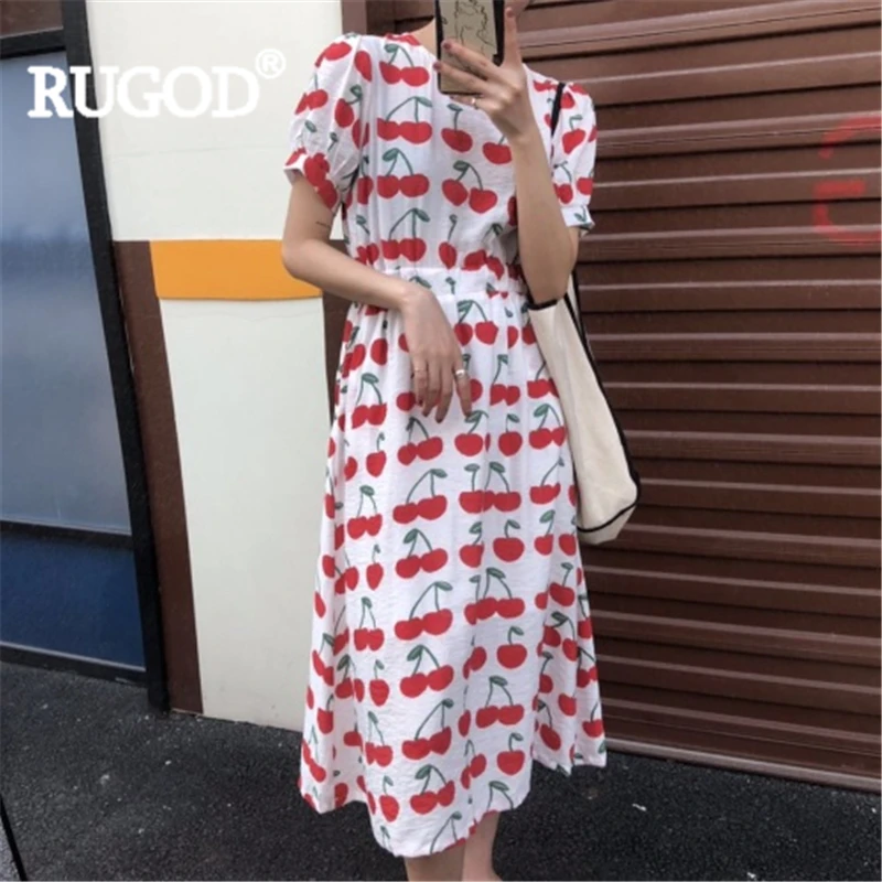 

RUGOD Women cherry pattern dress o neck short sleeve empire a line long dress summer fashion femme elegant sweet korean robe