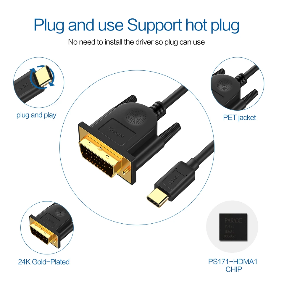 QGeeM usb c к dvi кабель type c к dvi адаптер Thunderbolt совместимый для MacBook Pro, galaxy S8 Note8, huawei mate 10