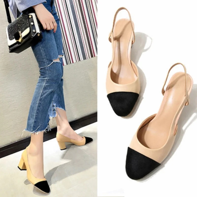 

Small fragrance wind Baotou female thick with 2019 new early spring and summer color matching square head shoes high heels