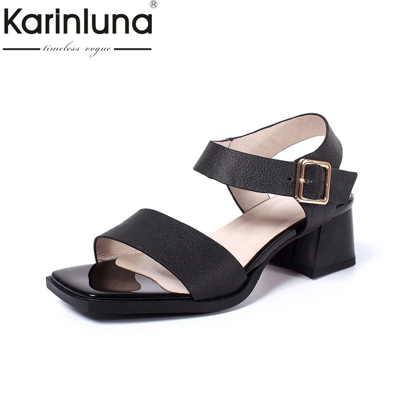

KARINLUNA Genuine Leather Brand Big Size 33-43 Ankle Strap Summer Sandals Fashion Square Heels Leisure Shoes Women