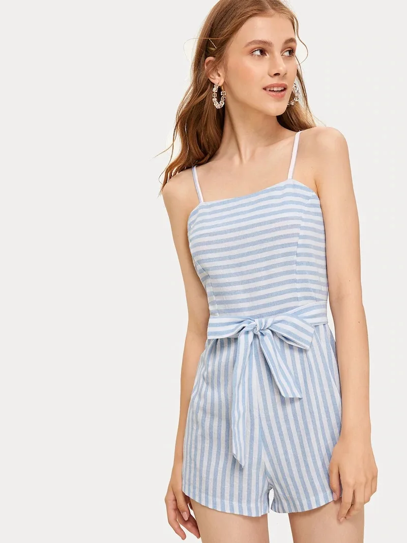 

2019 Summer New Blue Striped Sling Jumpsuit Shorts