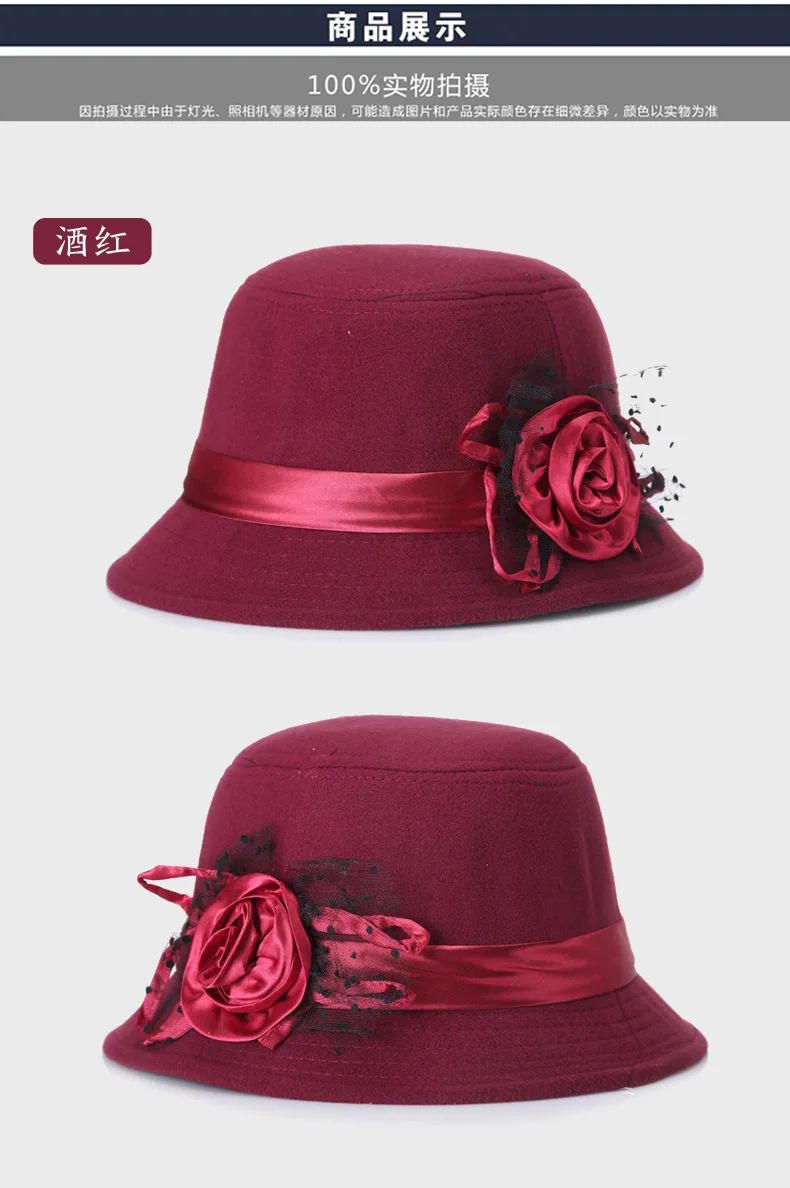 Модная фетровая шляпа, новинка, шерстяная шапка, черная, розовая, с цветком, защита ушей, теплая, котелок, зимняя, флоппи, для девушек, церковный колокол, шапки