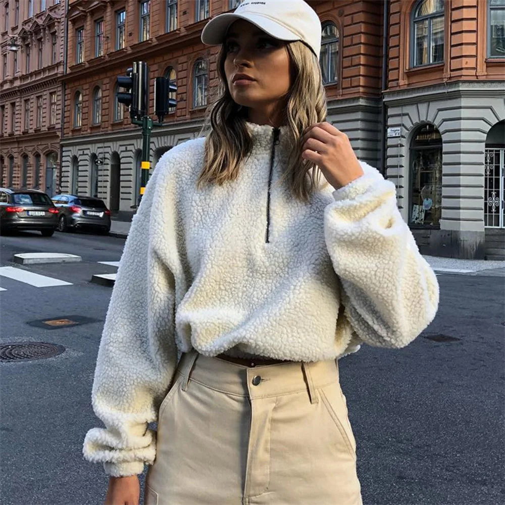 Women Coats White Jackets Long Sleeve Zipper Turtleneck Faux Lambswool Crop Tops 2019 Autumn Winter Coats and Jackets Women Tops