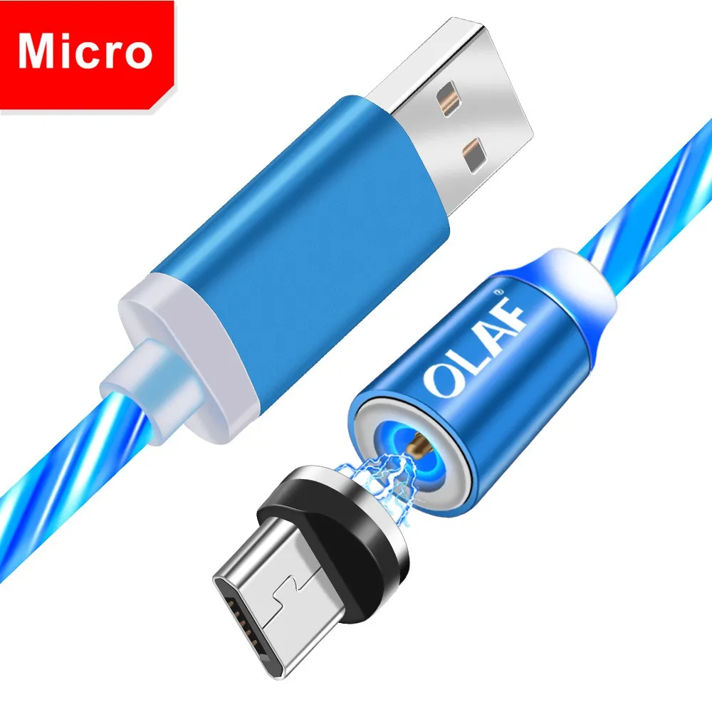 Олаф сверкающий Блестящий Магнитный кабель для быстрой зарядки светодиодный кабель микротипа для Iphone 7 8 Plus X XR XS Max для Xiaomi Redmi Note 7 - Цвет: Blue Micro USB