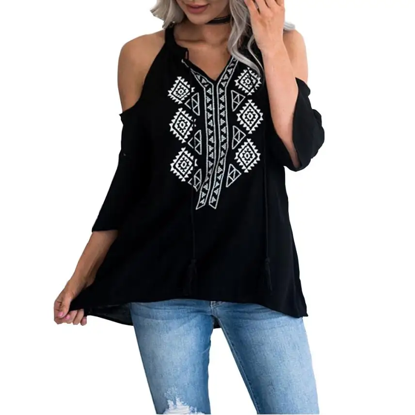 Print Boho Blouse 2018 Для женщин Винтаж на шнуровке с открытыми плечами Повседневное летние свободные топы модные, пикантные Племенной короткий рук...