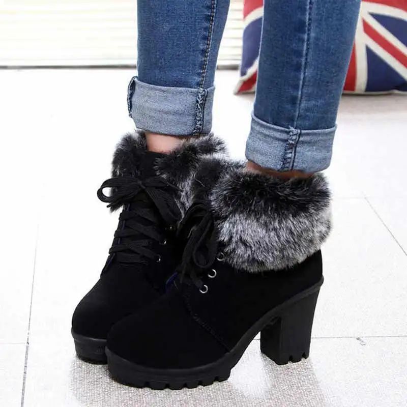Новые модные женские ботинки на шнуровке; Новинка года; бархатные теплые ботинки на высоком каблуке; женская обувь; женские зимние ботинки - Цвет: Black