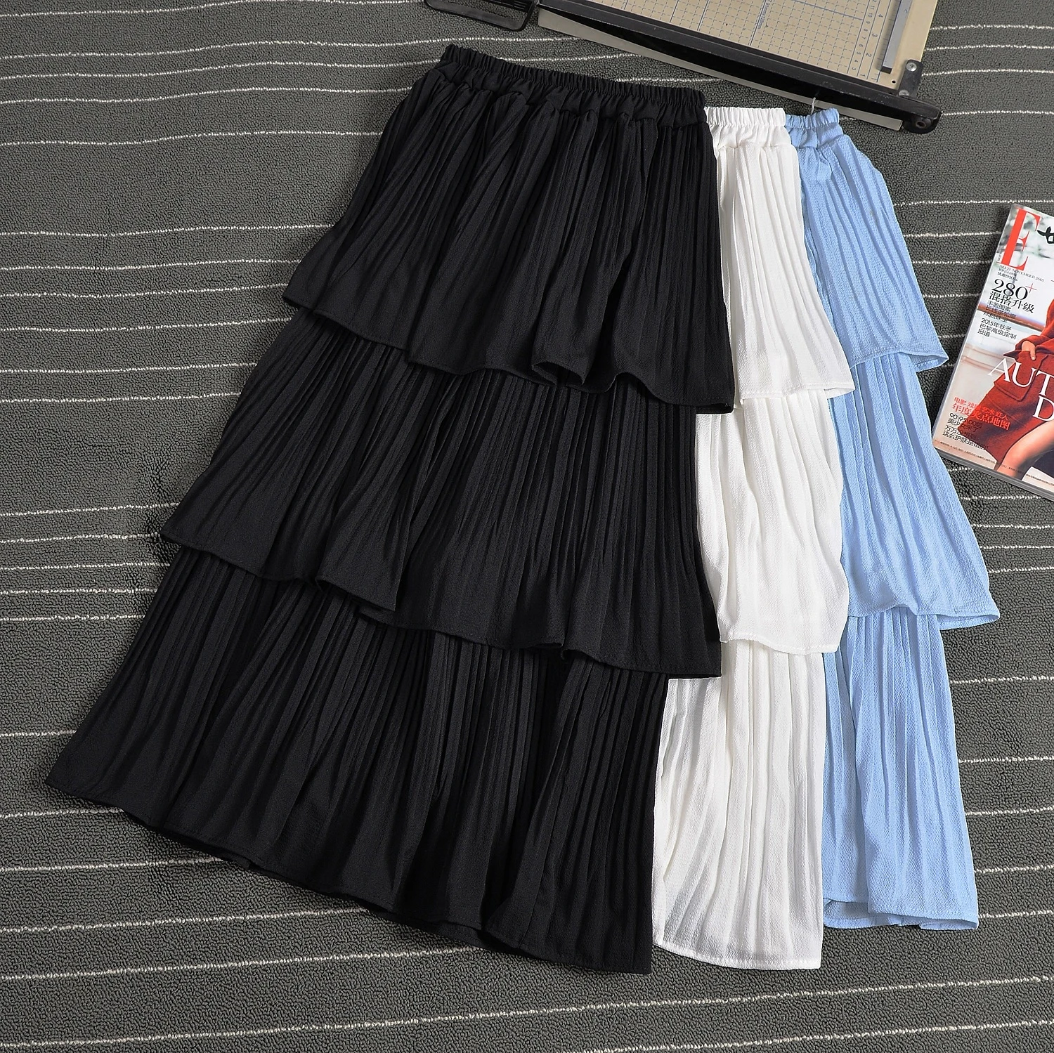 

spring new sweet fresh solid color cascading ruffles pearl mesh high waist pleated mid cake skirt