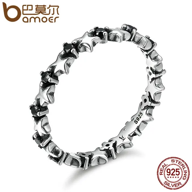 BAMOER Authentic 925 Sterling Silver Stackable Ring Star & Heart Black CZ Finger BAMOER Authentic 925 Sterling Silver Stackable Ring Star & Heart Black CZ Finger