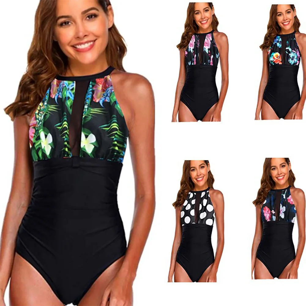 

2019 Swimsuit One Piece Printed Solid Mesh Swimwear High Neck One-piece Suit Sexy Bathing Suit Swimming Suit For Women Maillot