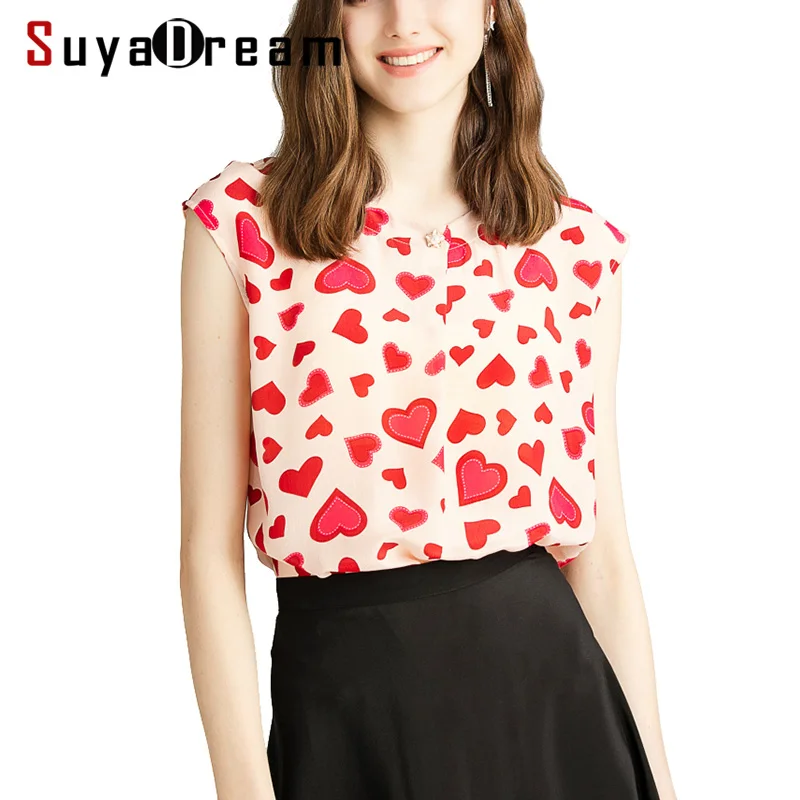 

Women Blouse 100% REAL SILK Crepe Red Hearts Print Blouse Shirt Sleeveless Office Lady Blouses 2019 Spring Summer Shirt