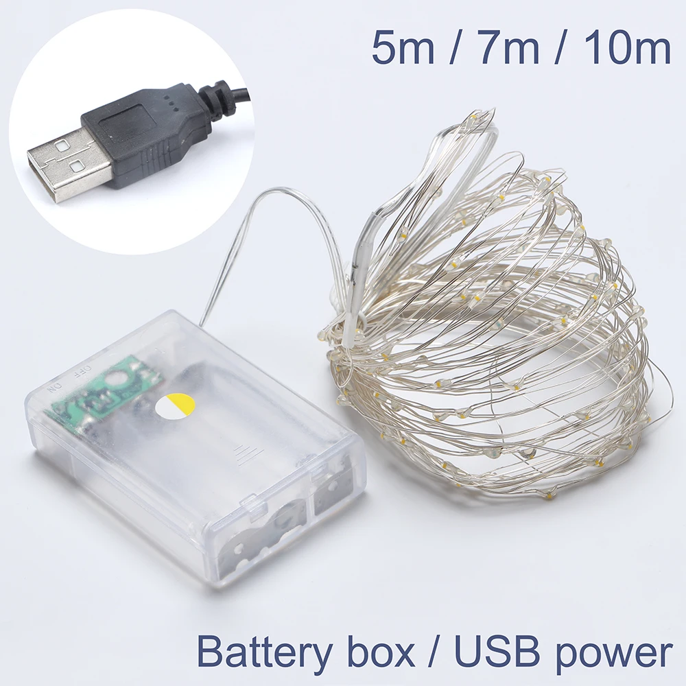 Гирлянда из медной проволоки на 50/70/100 светодиодов с питанием от USB/аккумулятора