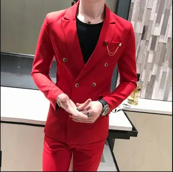 

M-XXXL Suit sets men's Korean version of self-cultivation two-piece solid color double breasted suit small young suit tide