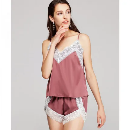 Daeyard Шелковая пижама для женщин с шортами сексуальное женское белье с кружевной отделкой комплект из 2 предметов летняя атласная пижама набор ночная рубашка