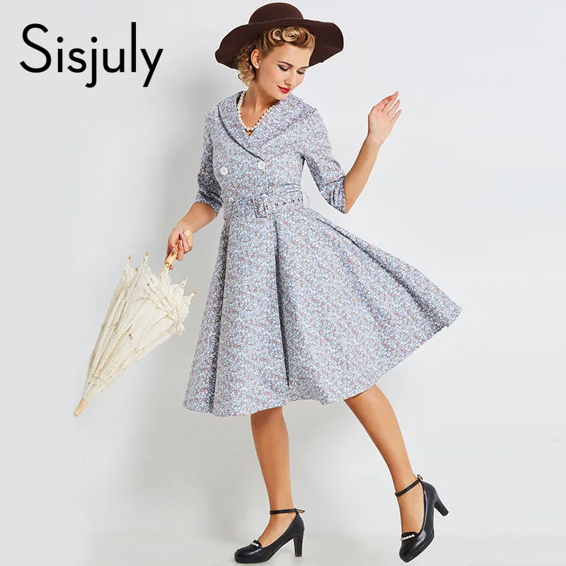 

Sisjuly vintage dress 1950s autumn a-Line gray plaid turn-down collar elegant retro party pleated dress vintage dress 2019 new