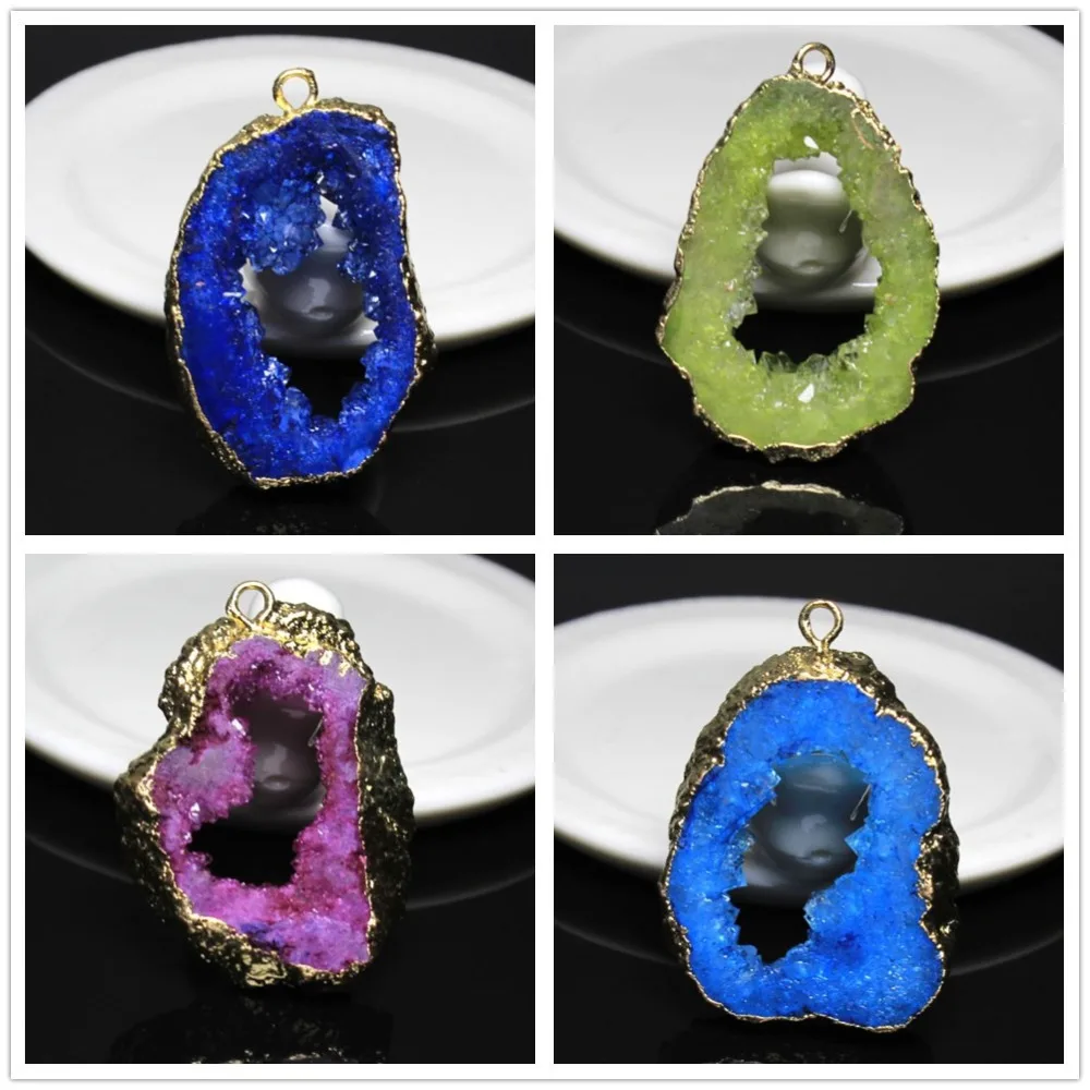 Оптовая продажа Уникальных Природных Geode Drusy Кристалл Камень Подвеска 18 К