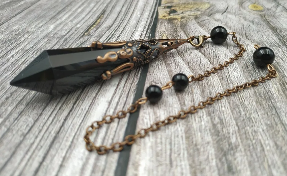 

YA3980 Antique Bronze Cap Black Obsidian Stone Point Healing Pendulum Chain