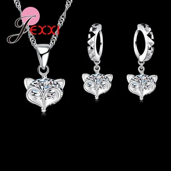 

Free shipping Jewelry Sets 925 Sterling Silver Cute Fox Austrian Crystal Necklace Earring Chain Womens Jewelry