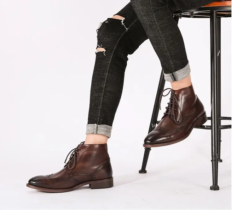 Haute En Top Véritable Noir À Cuir Hommes Formelle Mâle marron Casual Cheville Lacets Chaussures Vintage De Martin Bottes D'affaires Sculpté wZulPkXOiT